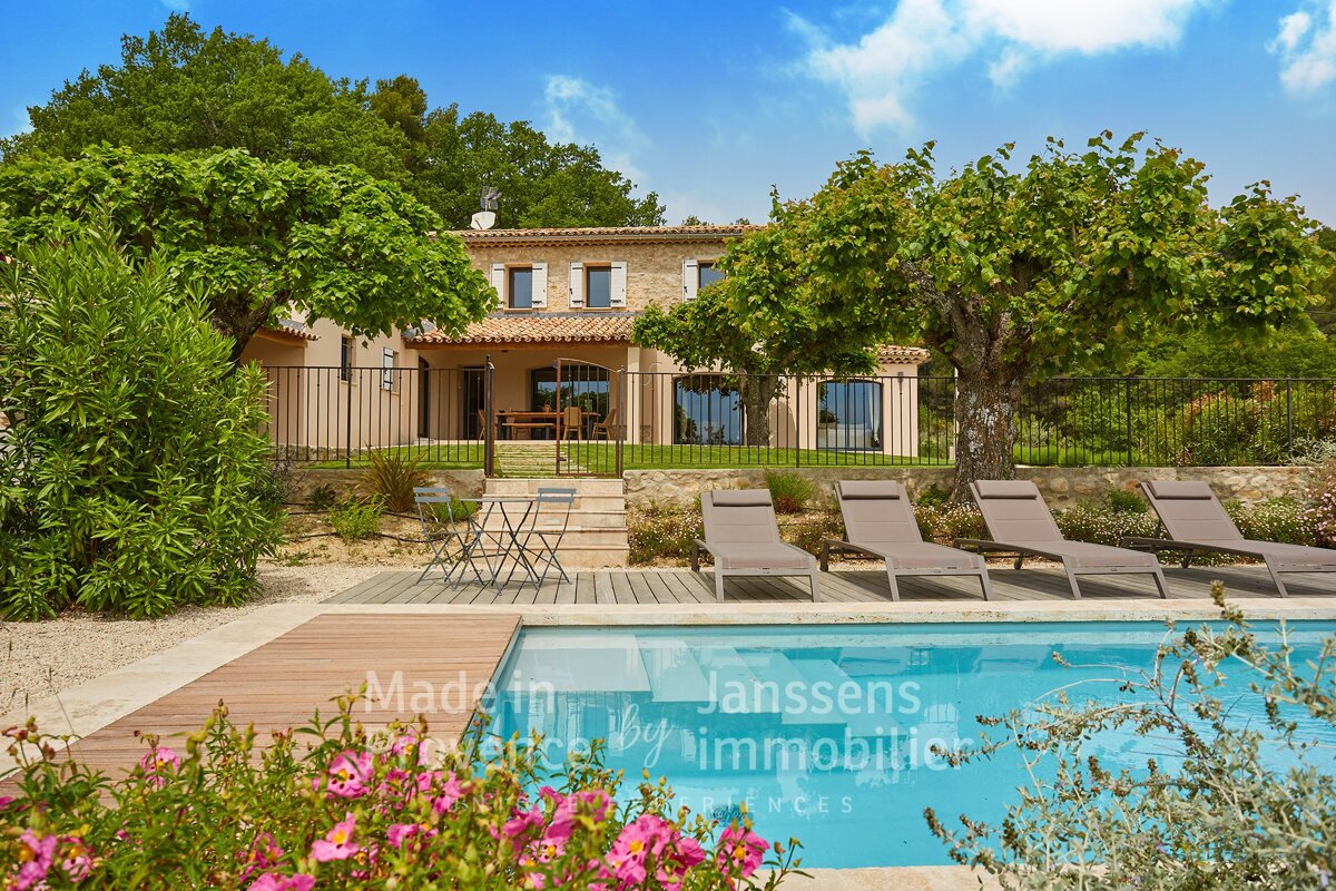 A large house with a swimming pool in front of it