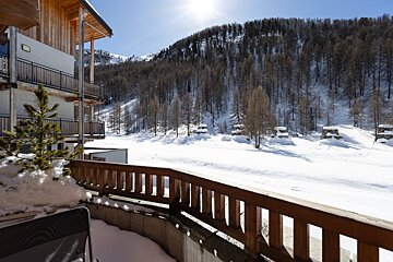 A balcony with a view of snowy mountains and trees
