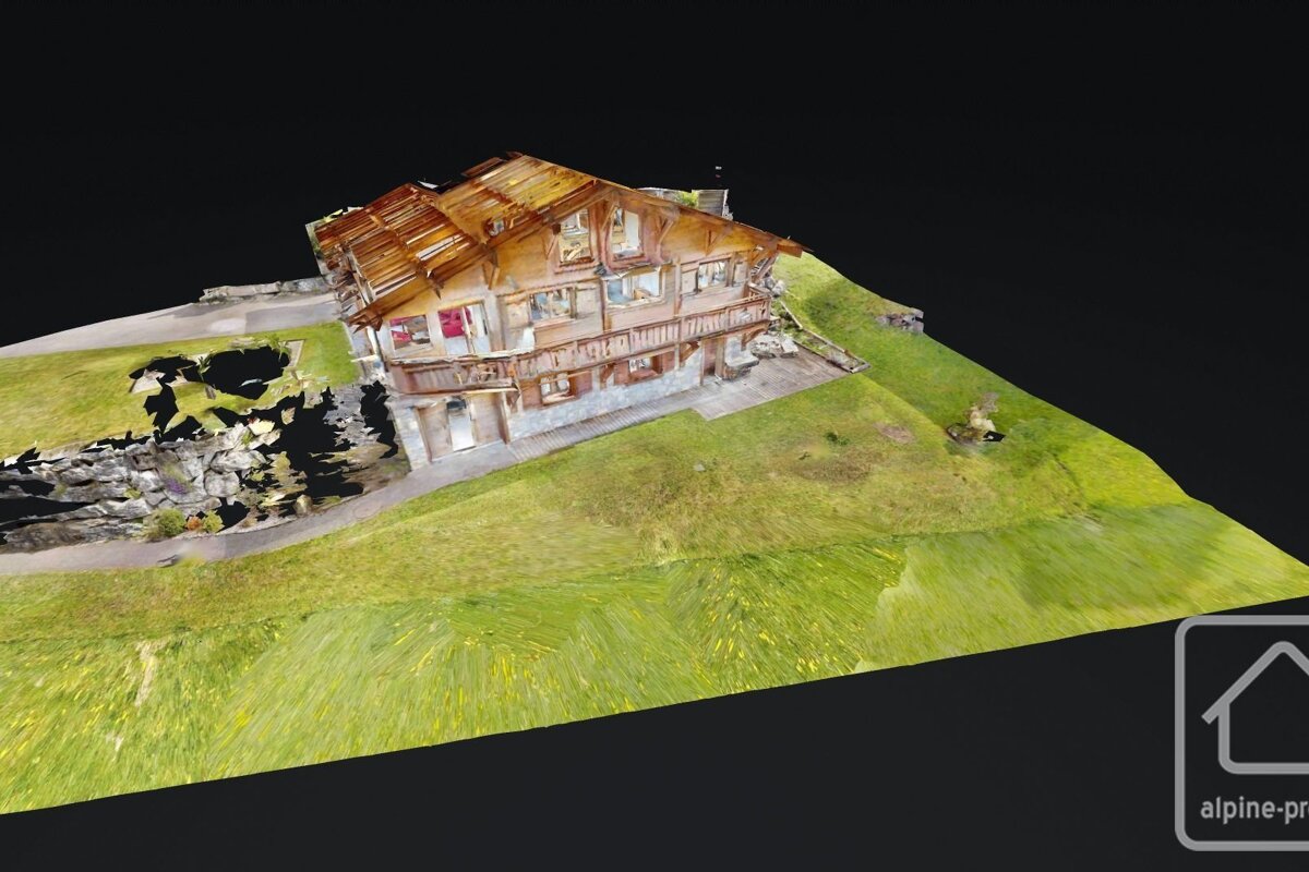 A 3D model of a wooden chalet on a green, textured hillside with some rendering artifacts, set against a black background.