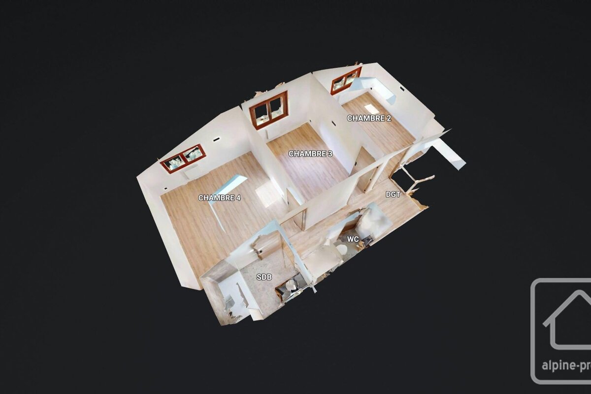 An angled 3D floor plan of a multi-room living space, with French labels like