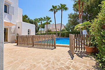 A wooden fence surrounds a swimming pool with palm trees in the background