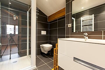 A bathroom with a toilet a sink and a mirror