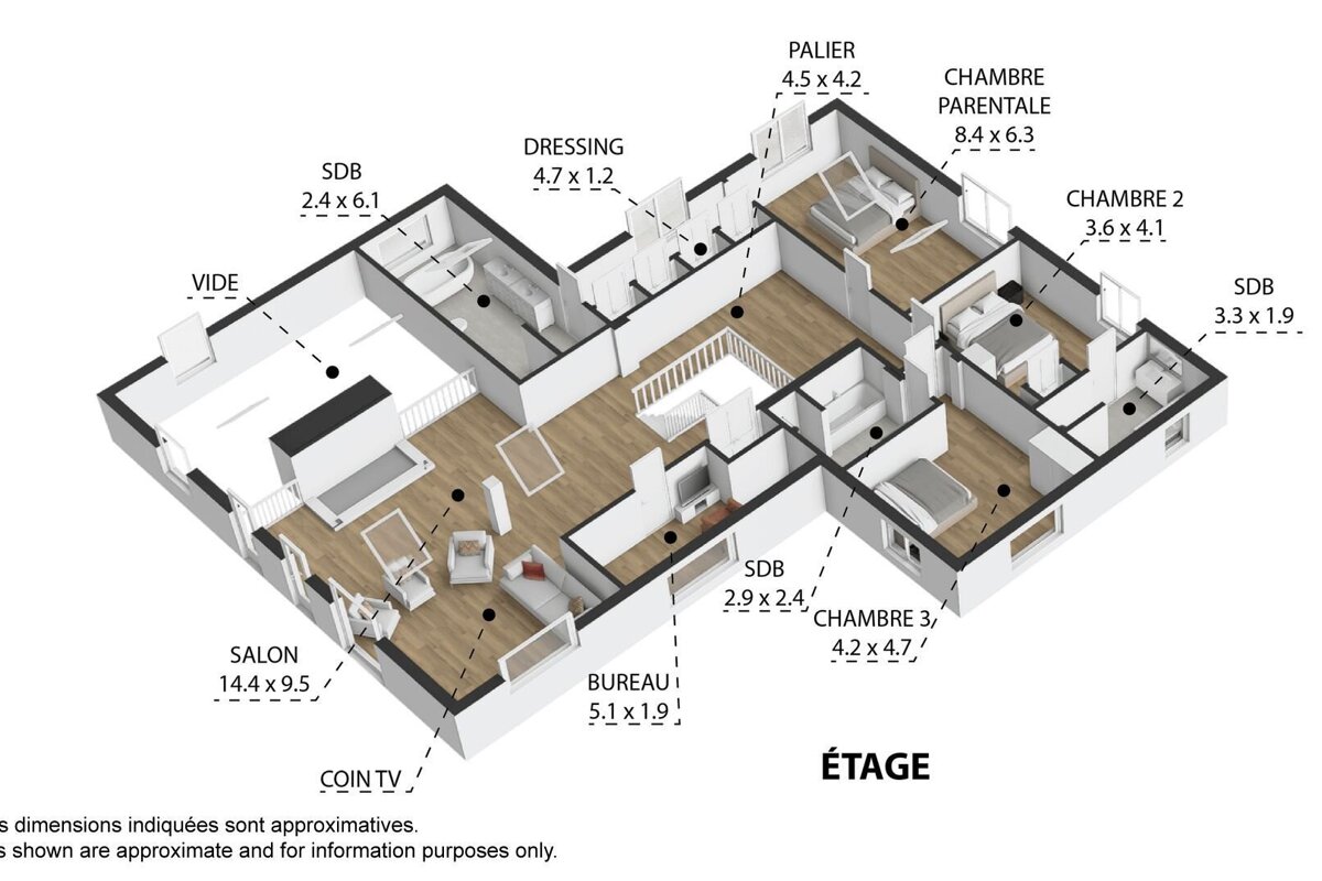 A detailed 3D isometric floor plan (ÉTAGE) with furnished rooms, dimensions, and labels for bedrooms, bathrooms, living room, and office.