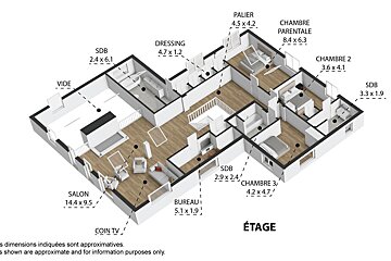 A detailed 3D isometric floor plan (ÉTAGE) with furnished rooms, dimensions, and labels for bedrooms, bathrooms, living room, and office.
