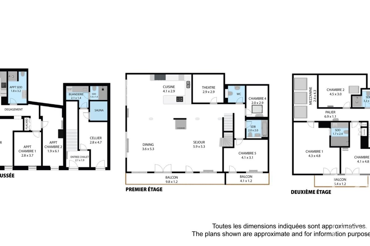 Three detailed floor plans for a multi-level property, featuring various rooms with French labels, dimensions, and balcony areas.