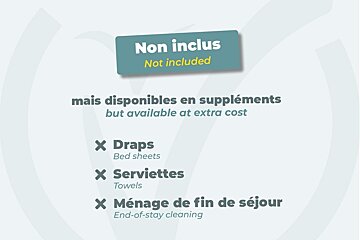 Bilingual graphic listing items not included but available at an extra cost: bed sheets, towels, and end-of-stay cleaning.