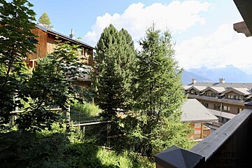 View from a balcony showing wooden chalets, lush pine trees, and distant mountains under a blue sky.