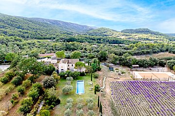 An aerial view of a house surrounded by lavender fields