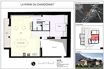 Real estate floor plan brochure for "La Ferme du Chardonnet," featuring a layout diagram, location map, and exterior rendering.