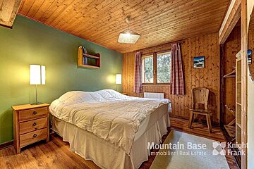 A bedroom with a bed and a sign that says mountain base