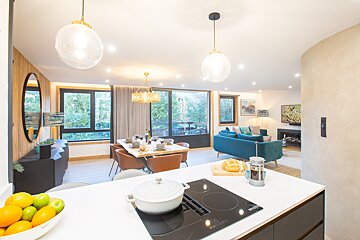A kitchen with a stove that says bosch on it