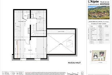 Floor plan of apartment A.202's upper level, detailing rooms, bathrooms, and balconies, with surface area tables and a building image.