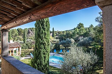A view of a swimming pool from a balcony