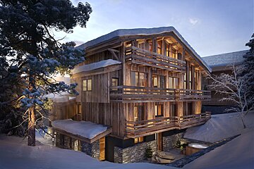 A luxurious wooden chalet, warmly lit, stands covered in snow at dusk. Balconies adorn its facade, and a hot tub sits on the snowy patio.