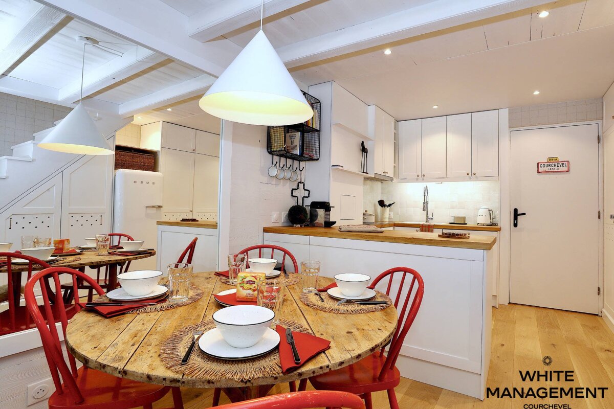 A kitchen with a sign on the door that says