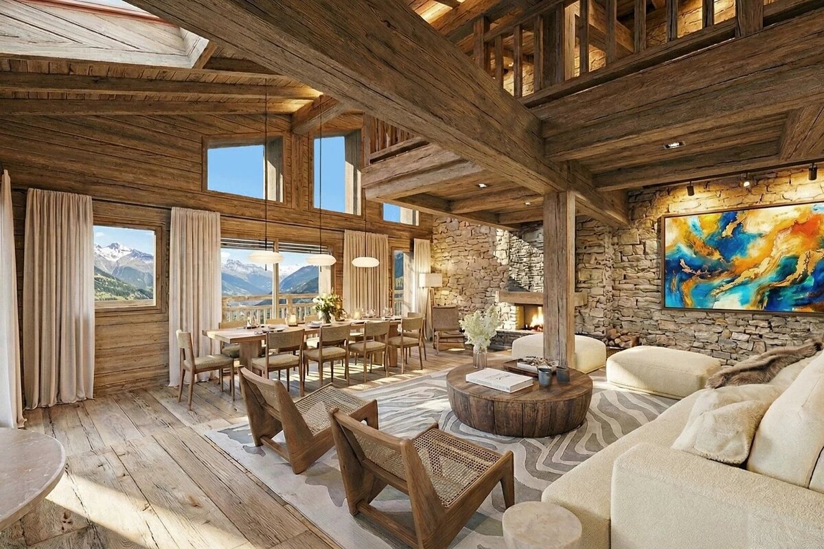 Luxurious alpine chalet interior featuring rustic wood beams, stone walls, cozy living space, and stunning mountain views.
