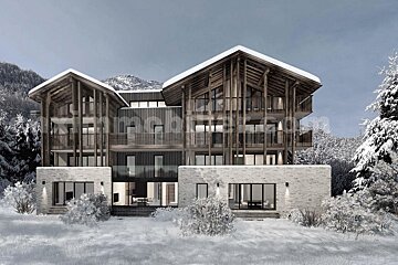 A luxurious, modern chalet with a stone base and wooden upper levels, nestled in a snowy mountain landscape with frosted trees under a grey sky.