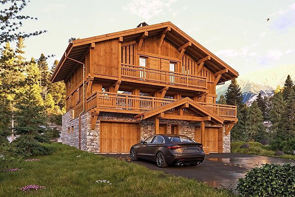 A grand wooden chalet with stone accents, multiple balconies, and a dark car parked in its driveway, surrounded by a pine forest and mountains.