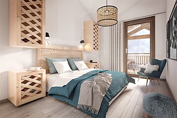 A bright, modern bedroom featuring light wood lattice furniture, a teal bed, a blue armchair, and a door opening to a balcony.