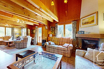 A living room with a couch and a fireplace with alpine-pro written on the bottom