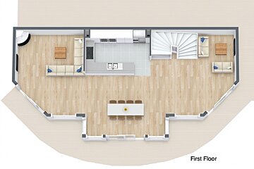 An aerial view of the first floor of a house