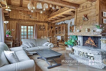 A living room with a fireplace and a sign that says mountain base