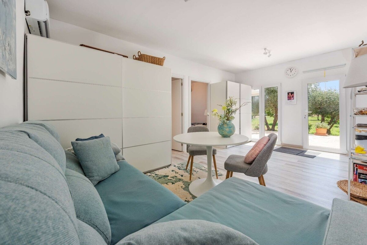Light-filled studio apartment with a blue sofa, dining area, and patio doors leading to a garden view.