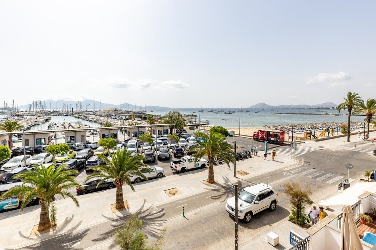 Sunny harbor view featuring palm trees, a parking lot, boats moored in the marina, and a beach in the background.