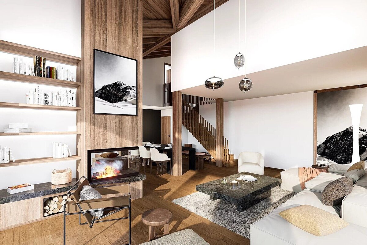 A modern, spacious living room features warm wood accents, white walls, high ceilings, a fireplace, bookshelves, mountain art, and a dining area.