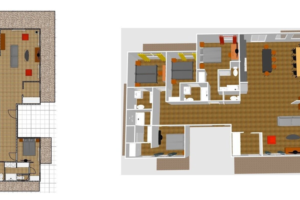 Two detailed floor plans are shown: a 2D top-down view on the left and a 3D isometric view on the right, showcasing multiple rooms with furniture.