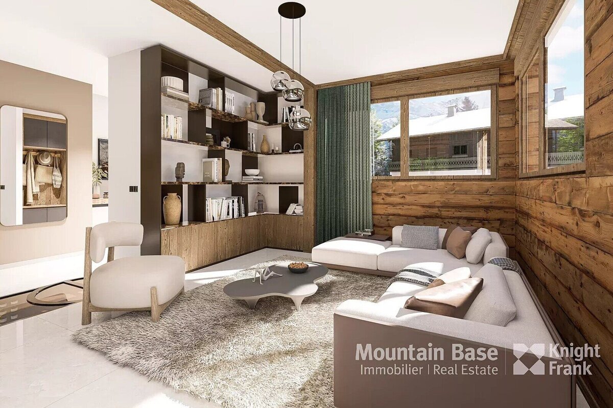Modern chalet living room featuring wood-paneled walls, a white sectional sofa, built-in shelves, and large windows with a mountain view.