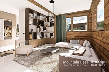 Modern chalet living room featuring wood-paneled walls, a white sectional sofa, built-in shelves, and large windows with a mountain view.