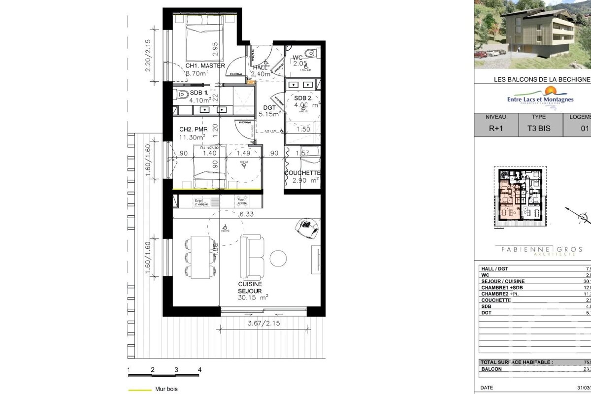 Floor plan of an apartment featuring detailed room layouts, dimensions, and an inset image of the building's exterior.