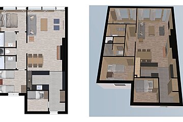 Side-by-side comparison of a 2D floor plan (left) and its 3D rendering (right) of a modern apartment layout.