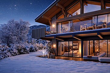 A luxurious, snow-covered chalet at night under a starry sky. Cozy interior lights glow, with a hot tub outside amidst winter trees and mountains.
