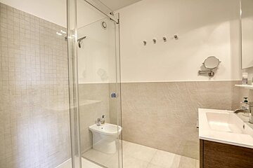 A bright, modern bathroom with a glass shower enclosure containing a bidet, a vanity sink, and wall hooks.