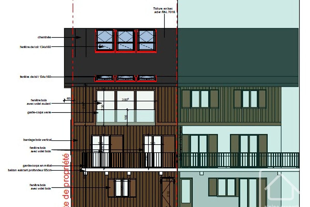 An architectural drawing of a house with a balcony