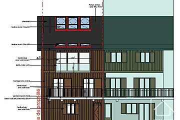 An architectural drawing of a house with a balcony