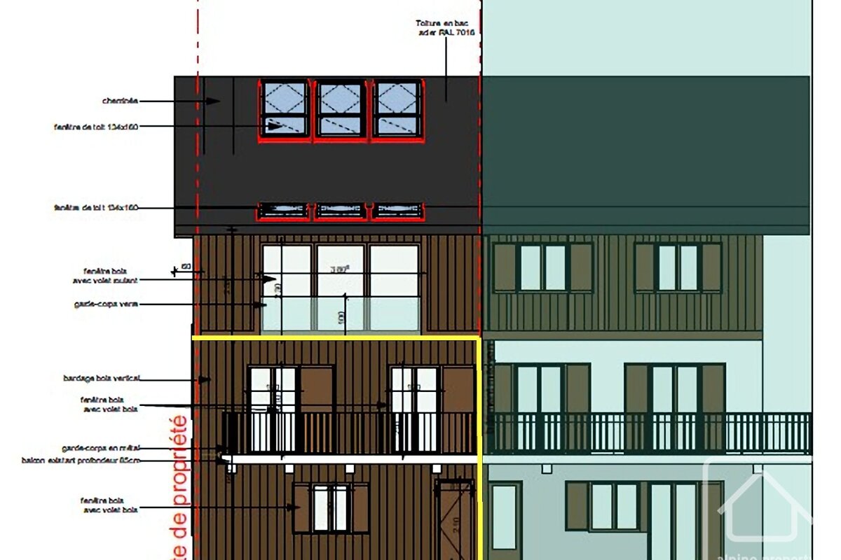 Architectural blueprint of a multi-story building facade with windows, balconies, and roof details, featuring French annotations. A section is highlighted in yellow.