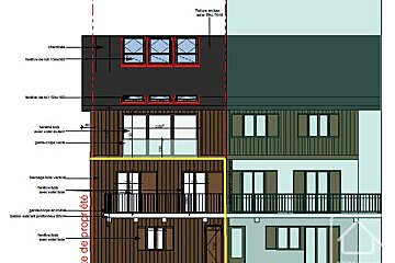 Architectural blueprint of a multi-story building facade with windows, balconies, and roof details, featuring French annotations. A section is highlighted in yellow.