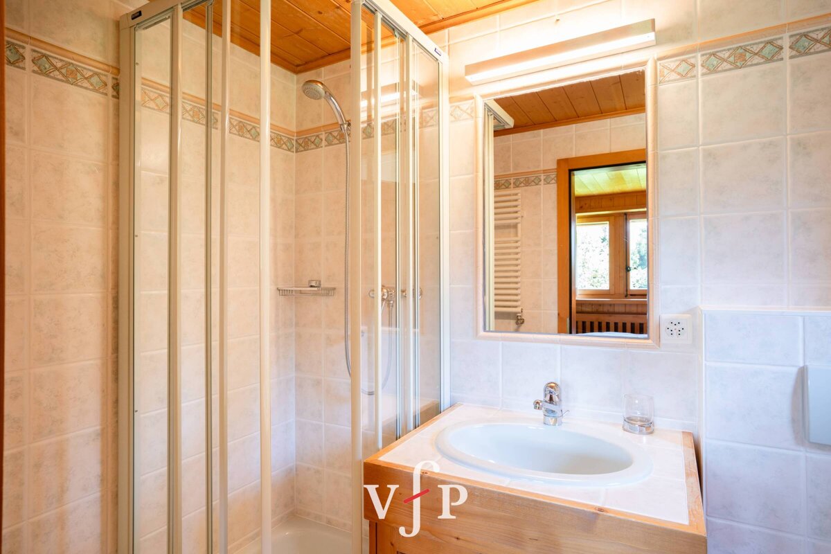 A bathroom with a sink and a shower with the letter v on it