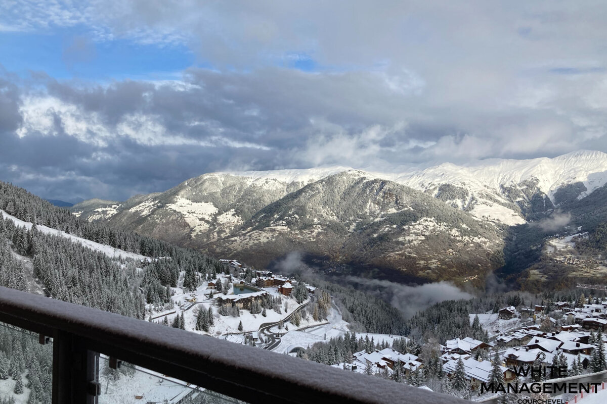 A snowy landscape with mountains in the background