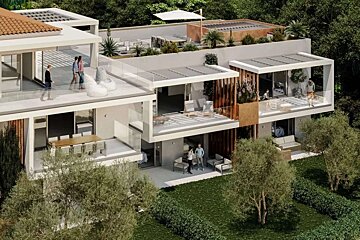 A modern, multi-level residential complex rendering features expansive balconies, terraces, and rooftop spaces with people, set amidst lush greenery.