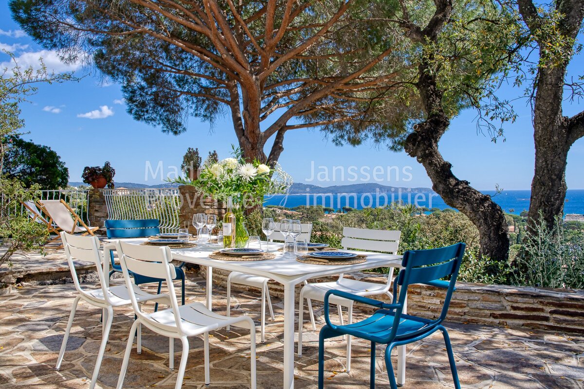 A table and chairs on a patio with a sign that says janssens immobilier