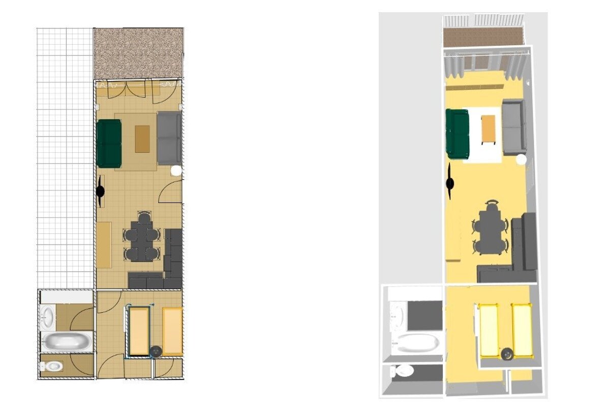 Side-by-side 2D and 3D floor plan layouts of a narrow apartment showing the living, dining, and sleeping areas.