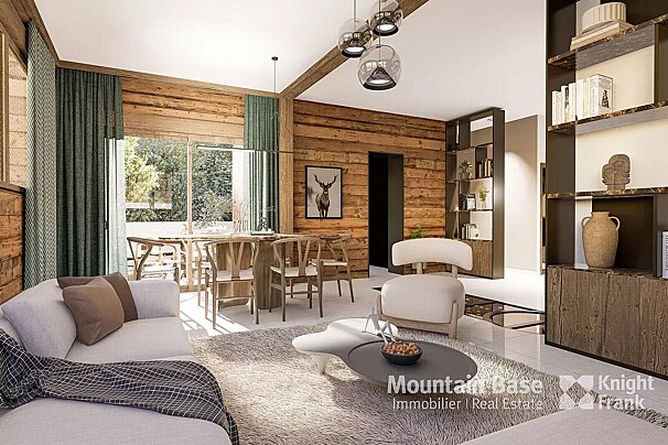 A cozy, modern chalet-style living and dining room featuring wood paneled walls, large windows, stylish furnishings, and a deer print.