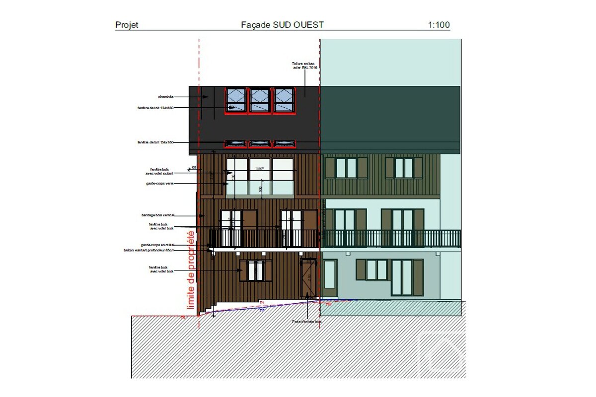 A drawing of a building with the title facade sud ouest