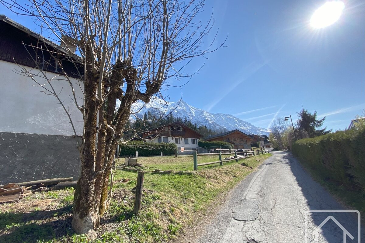 A sun-drenched mountain village with bare trees, chalets, and a cracked road leading towards snow-capped peaks under a brilliant blue sky.