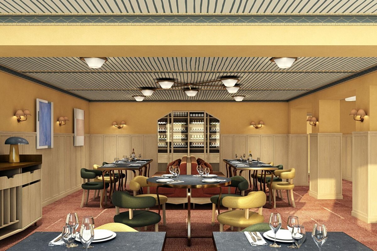 An artist 's impression of a restaurant with tables and chairs
