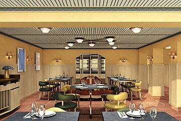 An artist 's impression of a restaurant with tables and chairs